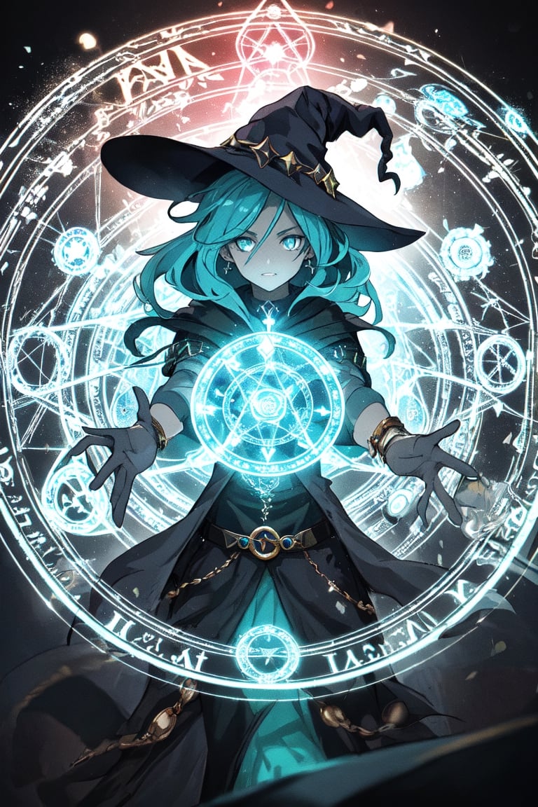 a medieval witch girl, with long cyan hair, ready to attack, in a magic circle, high quality, high resolution, high precision, realism, color correction, proper lighting settings, harmonious composition.,tempestmagic,Circle,Fantasy