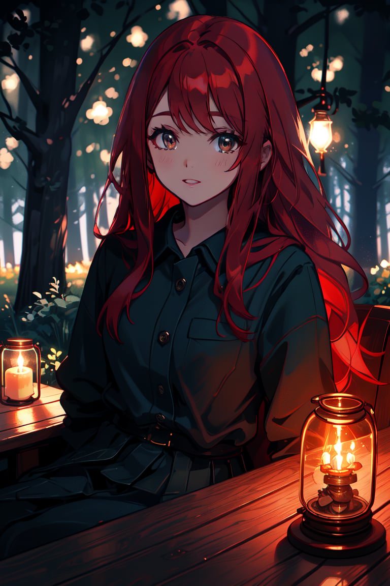 a young dark lady, sad smile in her face , long red hair, forest night, high quality, high resolution, high precision, realism, color correction, proper lighting settings, harmonious composition,