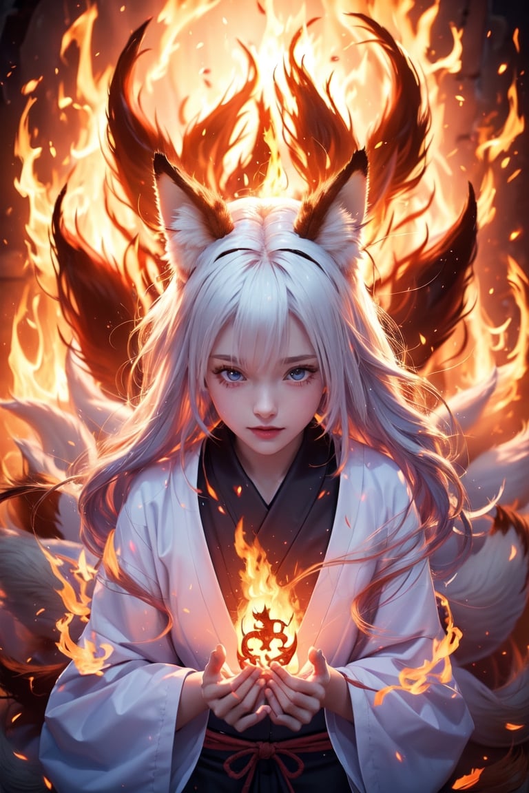 a Japanese ninja nine tails fox-girl, long white fire hair, high quality, high resolution, high precision, realism, color correction, proper lighting settings, harmonious composition