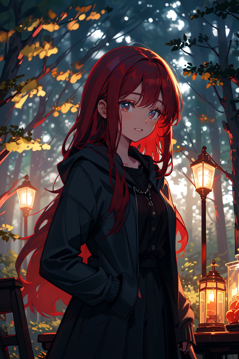 a young dark lady, with a sadness smile, long red hair, forest night, high quality, high resolution, high precision, realism, color correction, proper lighting settings, harmonious composition,