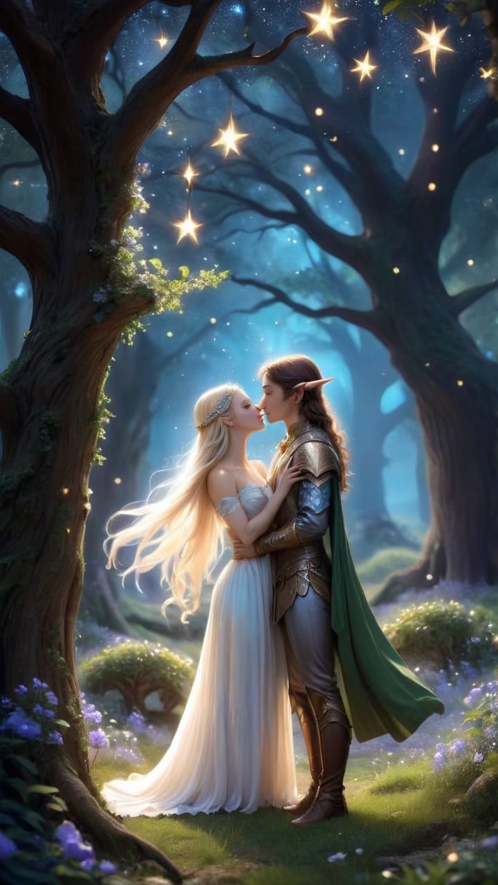 As the stars twinkle overhead,  the elven maiden and the elven lost wanderer kiss tenderly under the ancient oak trees of...