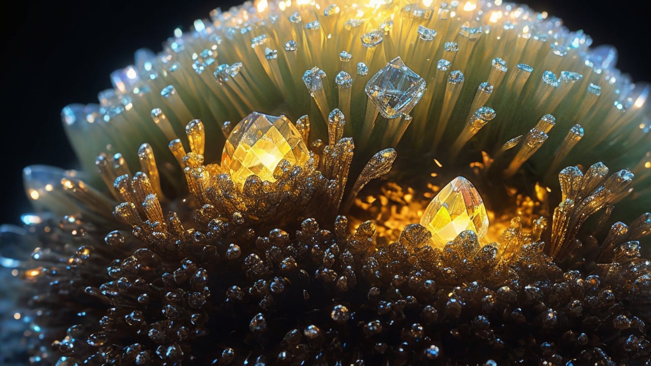 Macro photography scene. Close-up of the tiny elf's hands holding the glowing crystal, with focus on the intricate patterns of the crystal and the soft light it emits. The texture of the mushroom and the fine details of the elf's dress are highlighted. The light from the crystal creates a warm, magical glow on her hands and the mushroom's surface. captured in intricate detail through macro photography. super high quality, 8k.