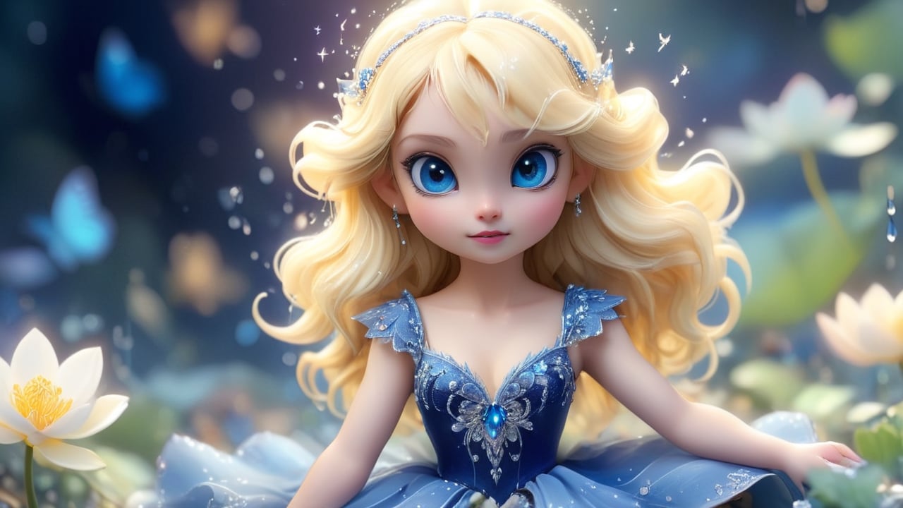 a magical forest, a miniature 12-year-old girl with cascading blond curls is captured in a tilt-shift macro shot. Standing full-length at the center of a delicate dewdrop on a flower petal, wearing a shimmering sapphire-blue gown adorned with silver embroidery and tiny, sparkling crystals. The gown has a sweetheart neckline, intricate lace patterns on the bodice and sleeves, and a flowing skirt pooling gracefully around tiny feet. Delicate hands, with finely detailed fingers, hold a glowing lotus emitting a soft blue light. Fair skin glows with a subtle golden hue, and striking deep blue eyes reflect the light. A tiny crystal tiara rests upon her head, catching the light. Feet clad in silver slippers adorned with minute crystal details, complementing the ethereal appearance. The blurred background features oversized, dew-covered flowers and vibrant butterflies, highlighting the magical microcosm.