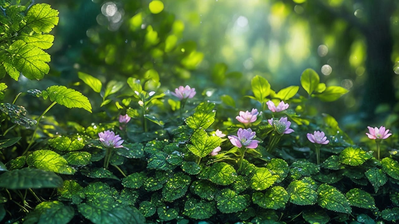 Macro photography scene. A tiny elf with delicate features standing in a forest with morning sunlight filtering through the canopy, wearing a green dress with intricate gold embroidery, surrounded by oversized mushrooms and flowers. The camera captures the entire scene from a distance, showing the elf’s small stature compared to the large flora. Using macro photography and tilt-shift photography, captured in intricate detail through macro photography. Super high quality, 8k. Negative prompt: blur, unclear, complex.