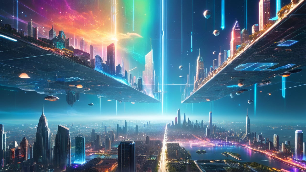 In a futuristic city with a gigantic floating holographic map in the sky, showcasing a dream-filled city layout. The map glows with vibrant colors, highlighting various fantastical buildings and future technologies. Citizens wander below, gazing up at the map, dreaming of their future.