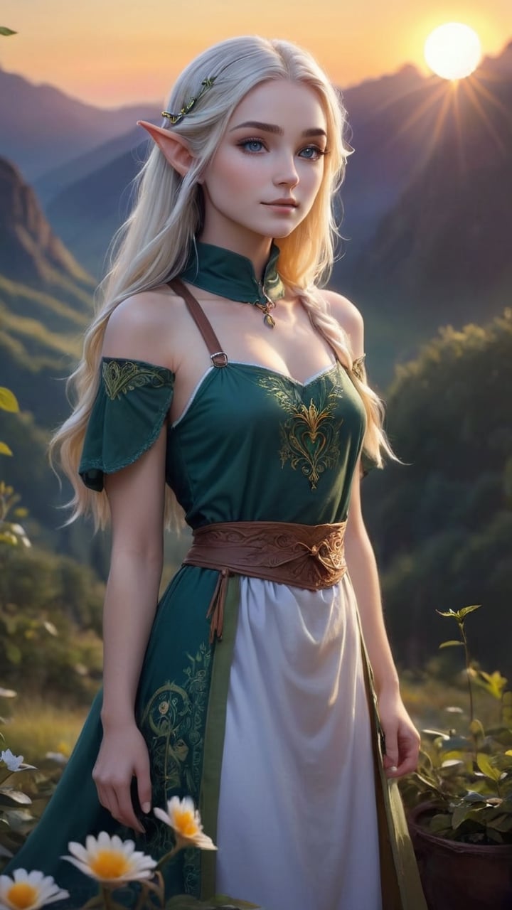 In the heart of the elven kingdom,  as the sun peeks over the horizon,  the tranquil morning air is filled with the promis...