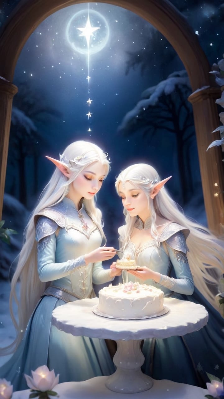 Under the soft glow of starlight,  the elven maiden teaches the lost wanderer the delicate art of frosting a cake. With ea...
