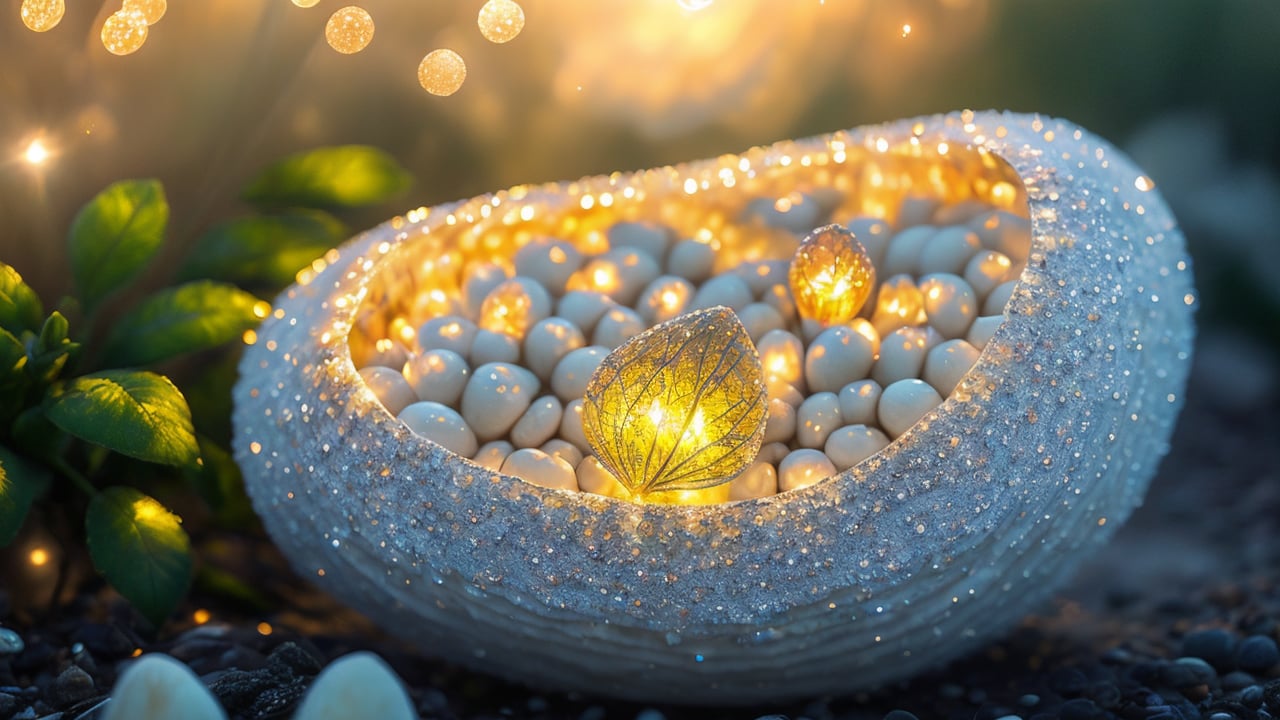 Macro shot: Delicate elf's hands cradle the luminous crystal, its intricate patterns and soft luminescence taking center stage. The mushroom's textured surface and the fine details of her dress are also highlighted. Warm, magical light emanates from the crystal, casting a gentle glow on her hands and the mushroom's surface. Captured in stunning 8K resolution, showcasing meticulous detail.