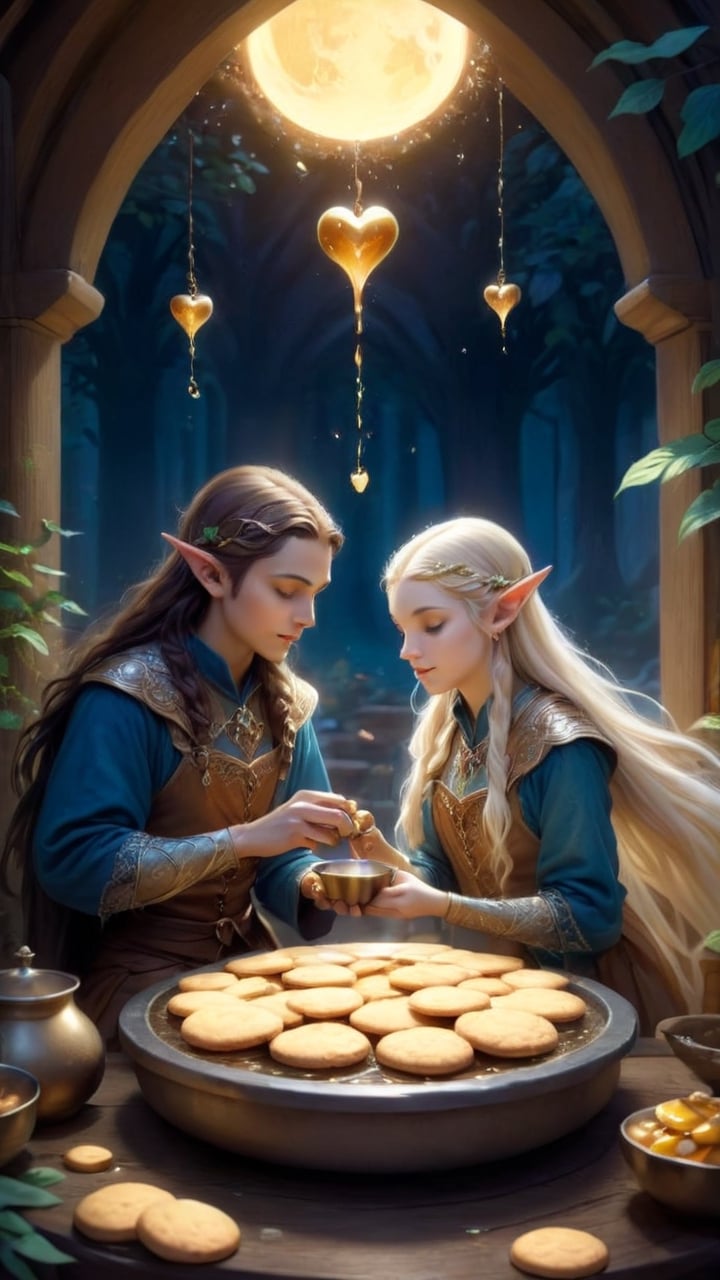 In the heart of the elven kitchen,  amidst bubbling pots of caramel and trays of golden cookies,  the lost wanderer and th...