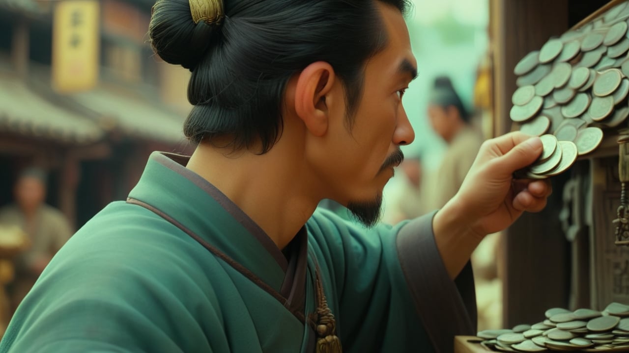 In a bustling marketplace during the Tang Dynasty, capturing a detailed close-up of a merchant's shoulder as they carefully count their coins.  -camera zoom in -fps 24 -gs 16 -motion 1 -Consistency with the text: 20 -style: Vintage Film -ar 16:9

