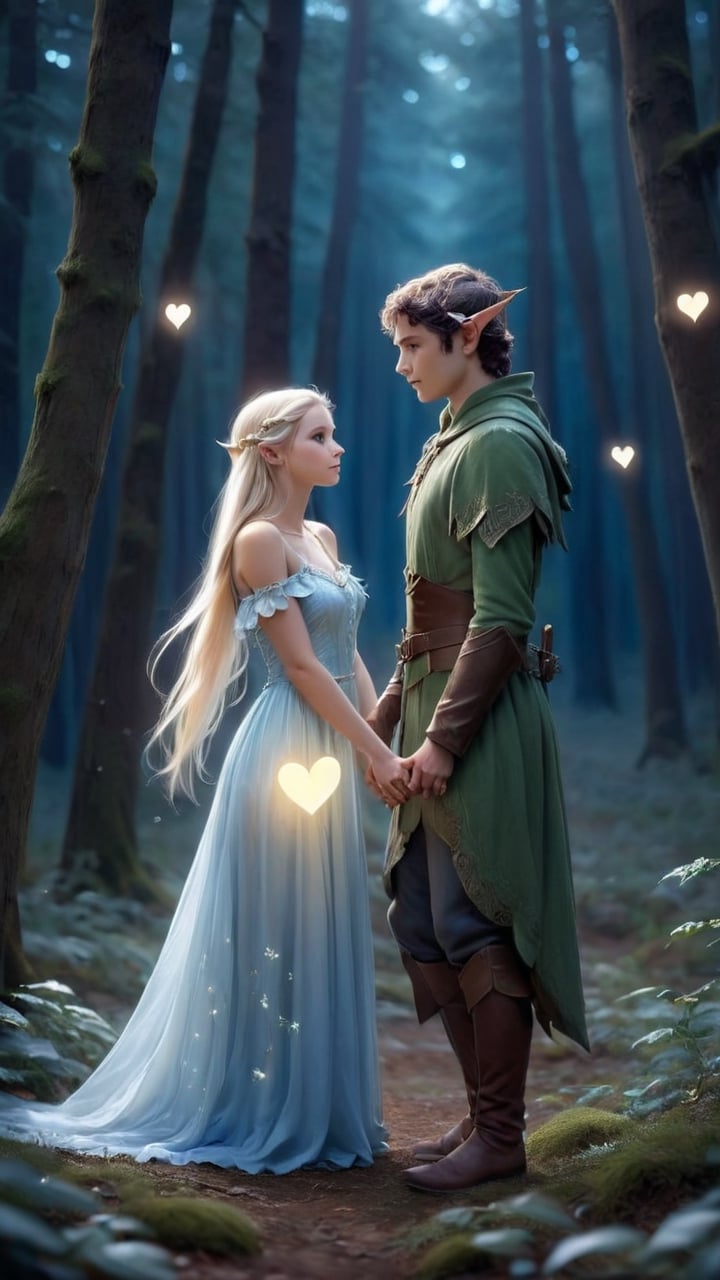In the soft dawn light,  the elf girl and the lost elf wanderer stood hand in hand at the edge of the forest,  ready to st...