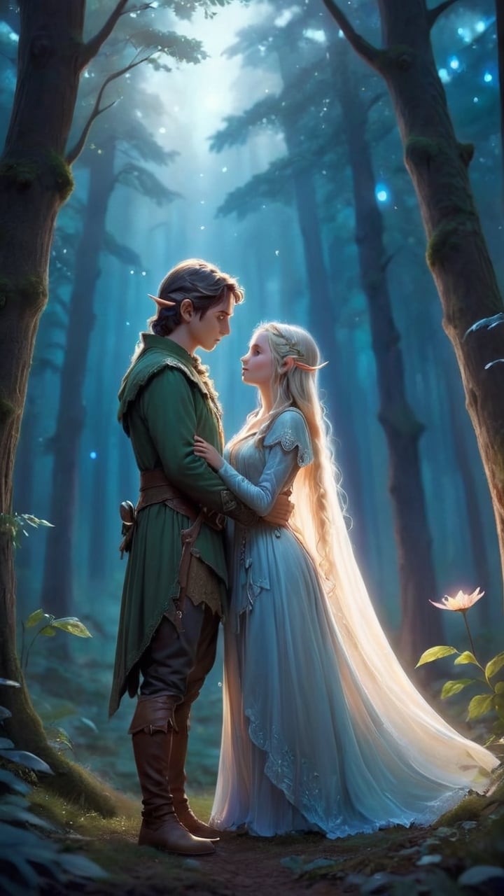 In the soft dawn light,  the elf girl and the lost elf wanderer stood hand in hand at the edge of the forest,  ready to st...