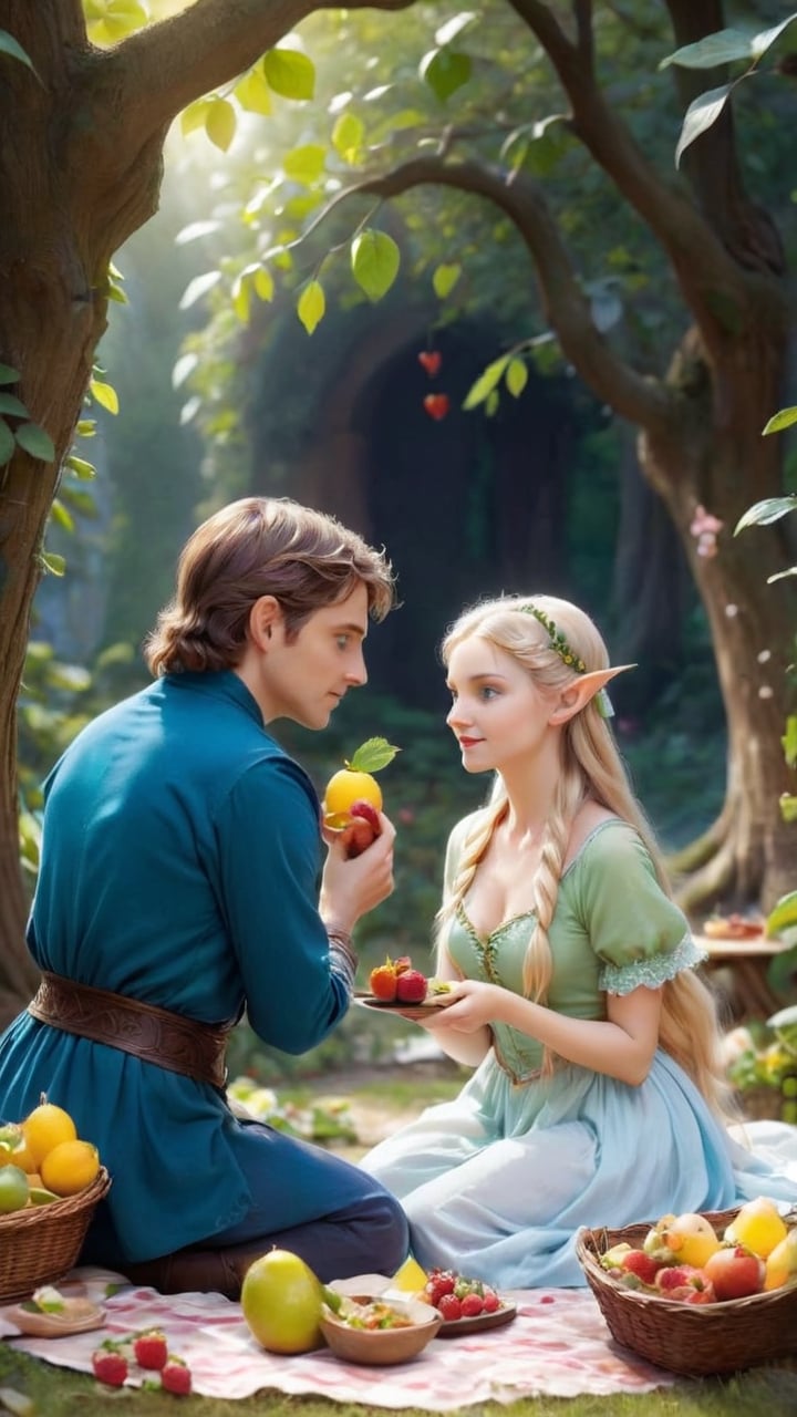 In the tranquil gardens of the Elf Palace,  the Lost Wanderer and the Elf Maiden enjoy a picnic feast made from the fruits...
