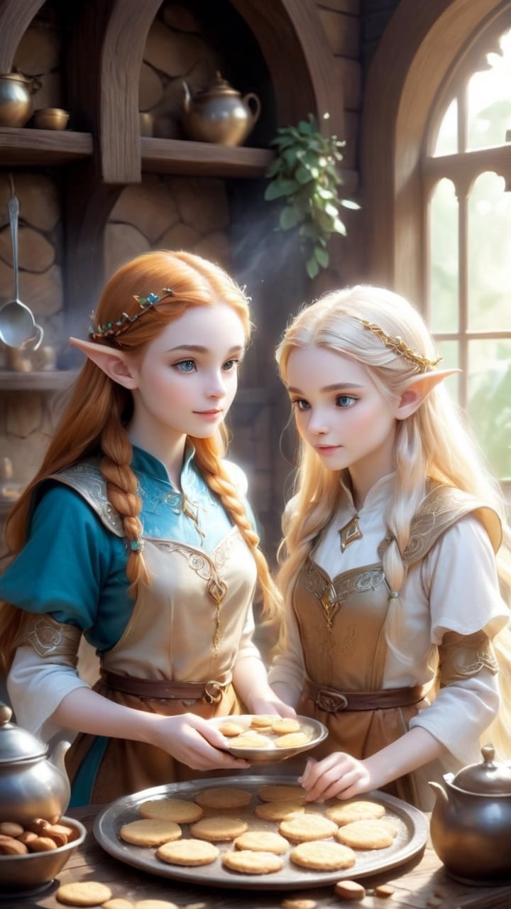 In the heart of the elven kitchen,  amidst bubbling pots of caramel and trays of golden cookies,  the lost wanderer and th...