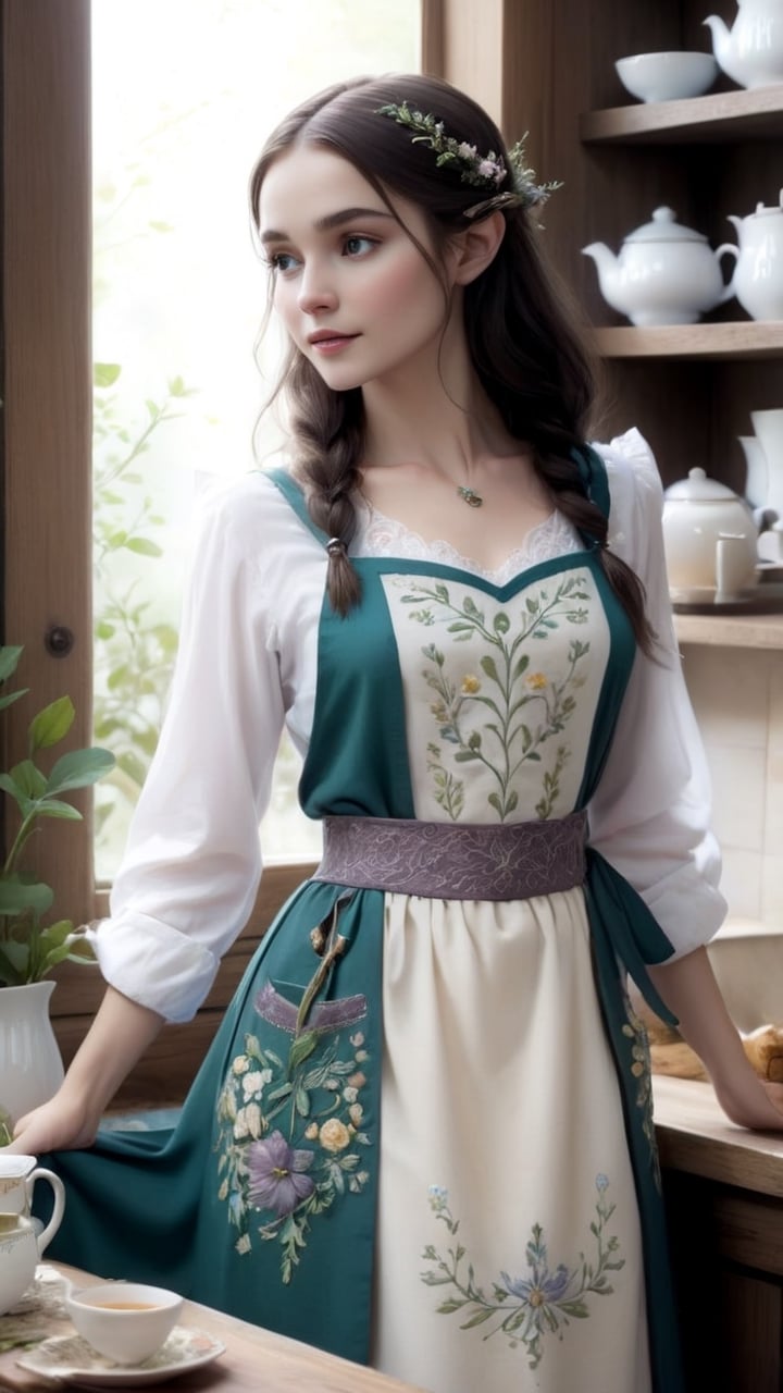 The elven maiden,  adorned in her apron embroidered with delicate floral patterns,  welcomes the lost wanderer into her ki...