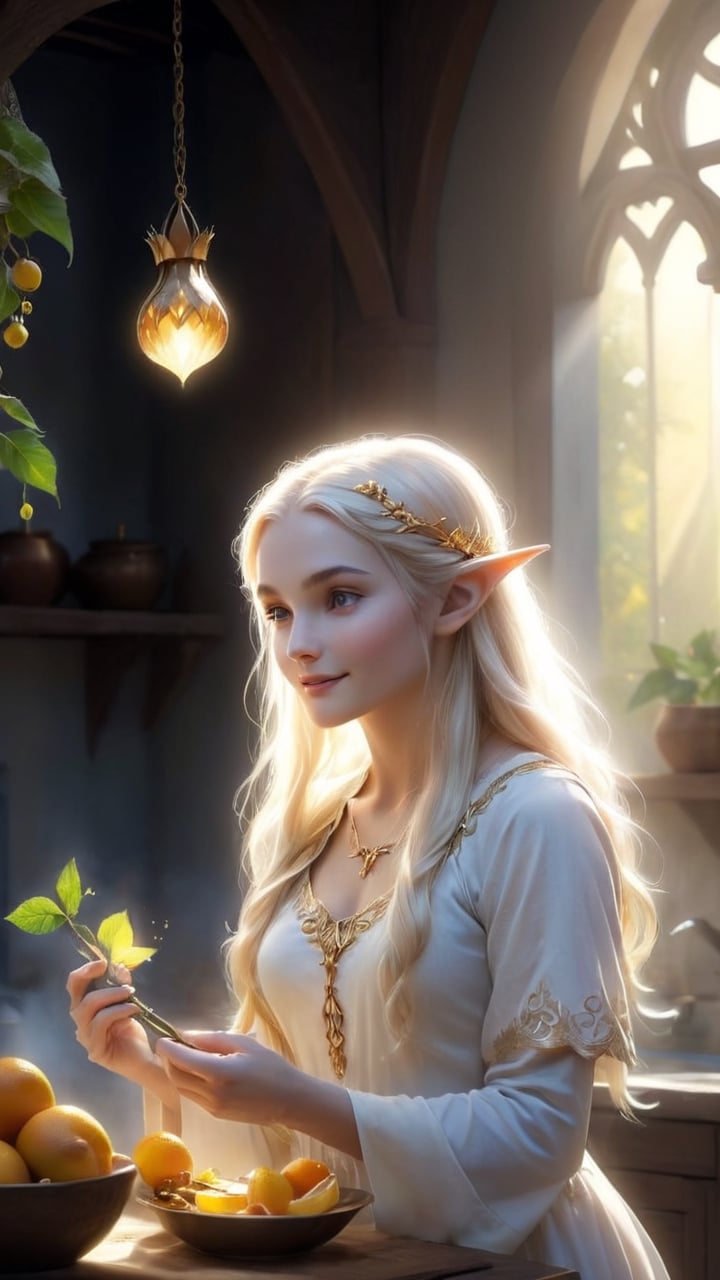 As dawn breaks over the horizon,  casting golden rays of light into the kitchen,  the elven maiden and the lost wanderer s...