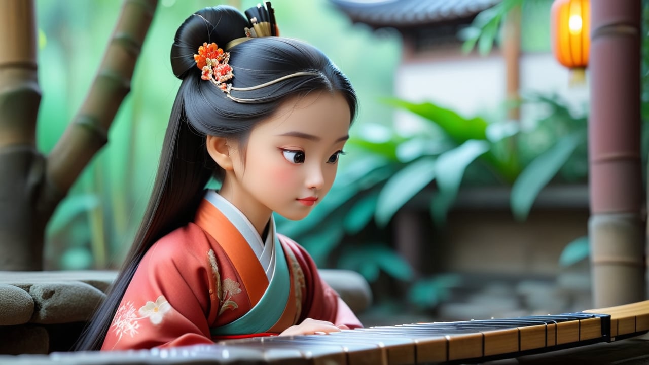 Macro tilt-shift photography, A miniature, A close-up of a young woman in traditional Chinese hanfu, sitting in an antique courtyard while playing a guqin. Her expression is soft yet melancholic, with her eyes gazing into the distance. The background includes a bamboo grove with leaves rustling in the breeze, and antique stone tables and benches add a historical touch. The scene is bathed in the warm, nostalgic glow of the setting sun, highlighting her contemplation of time and emotion.