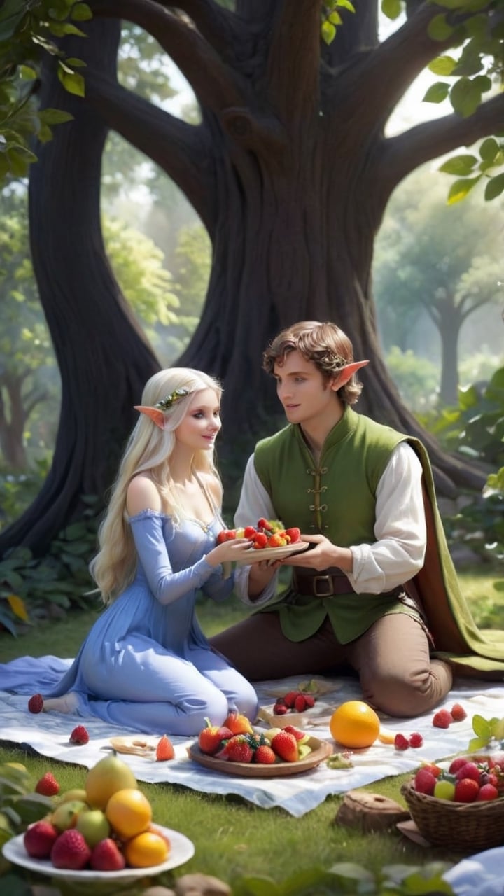 In the tranquil gardens of the Elf Palace,  the Lost Wanderer and the Elf Maiden enjoy a picnic feast made from the fruits...