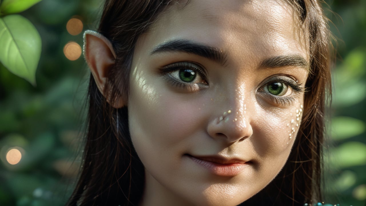 Macro photography scene. The elf’s face and upper body are in focus, showing her delicate features, expressive green eyes, and intricate details of her golden embroidery on the dress. She looks up with wonder as the orb glows brighter. Using macro photography to highlight the texture of the mushrooms and the intricate embroidery on their garments, captured in intricate detail through macro photography. Super high quality, 8k. Negative prompt: blur, unclear, complex.