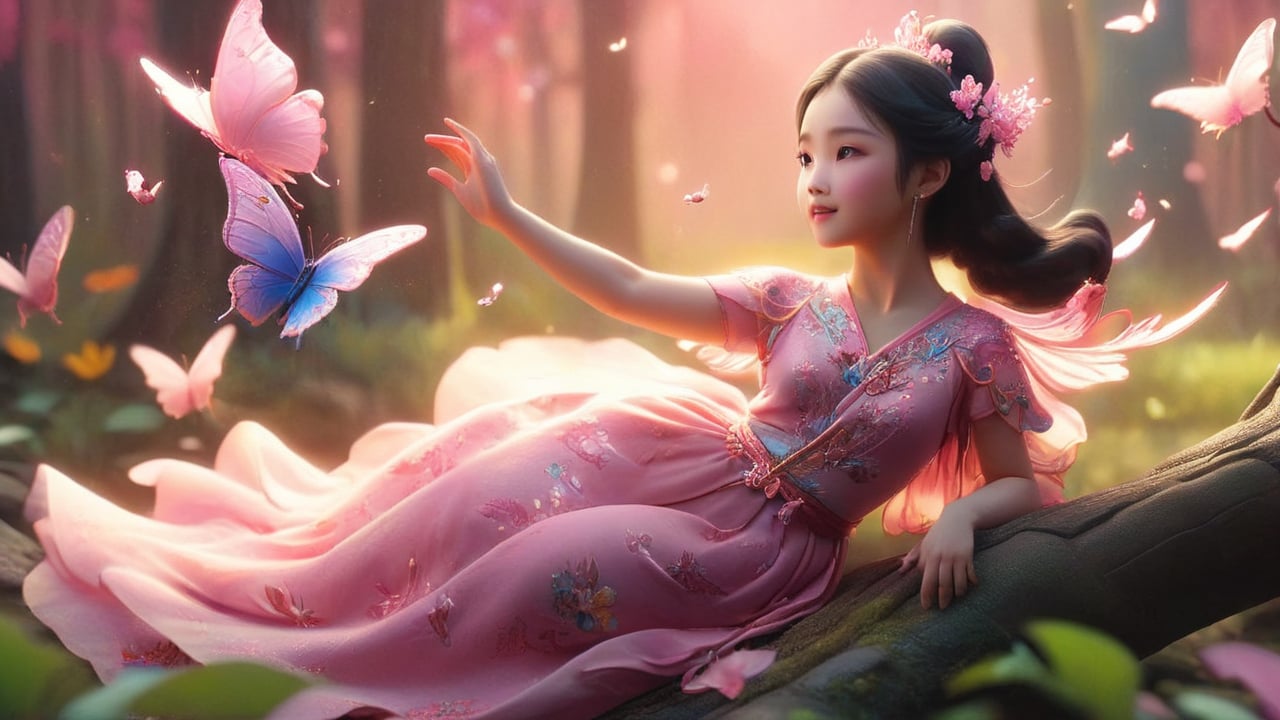 An ancient Chinese girl has a pair of colorful butterfly wings floating in the air and wears a pink Han Dynasty dress. flowers, wings, trees, no humans, bugs, many small butterflies, nature, forest, fly, butterfly wings,glitter,Disney pixar style