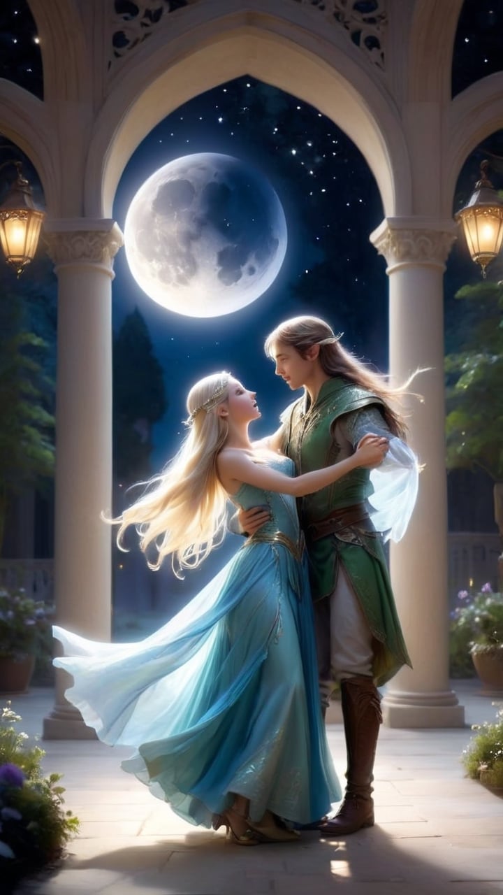 Under the bright moonlight,  the elven maiden and the elven lost wanderer danced together in the palace courtyard,  their...