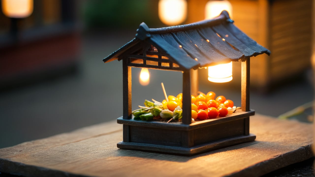 /create prompt:A miniature food stall under a tiny lantern, showcasing glossy miniature skewers and vegetables. Warm light radiates from the lantern, creating a soft glow. Captured in a macro shot, emphasizing the lantern's intricate details with a tilt-shift effect. -neg opposite of a large and detailed background -camera zoom in -fps 24 -gs 16 -motion 1 -Consistency with the text: 22 -style: HD movies -ar 16:9
