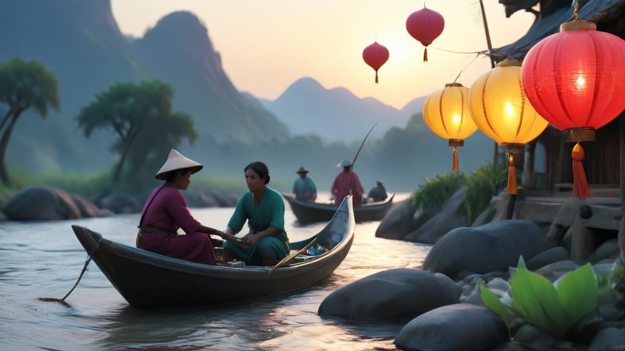 /create Prompt: Riverside scene with fishing boats. Villagers in traditional attire selling goods. Medium shot. Lanterns illuminate the water as boats glide gracefully.  -fps 24 -gs 16 -motion 1 -Consistency with the text: 20 -style: 3D Animation -ar 16:9