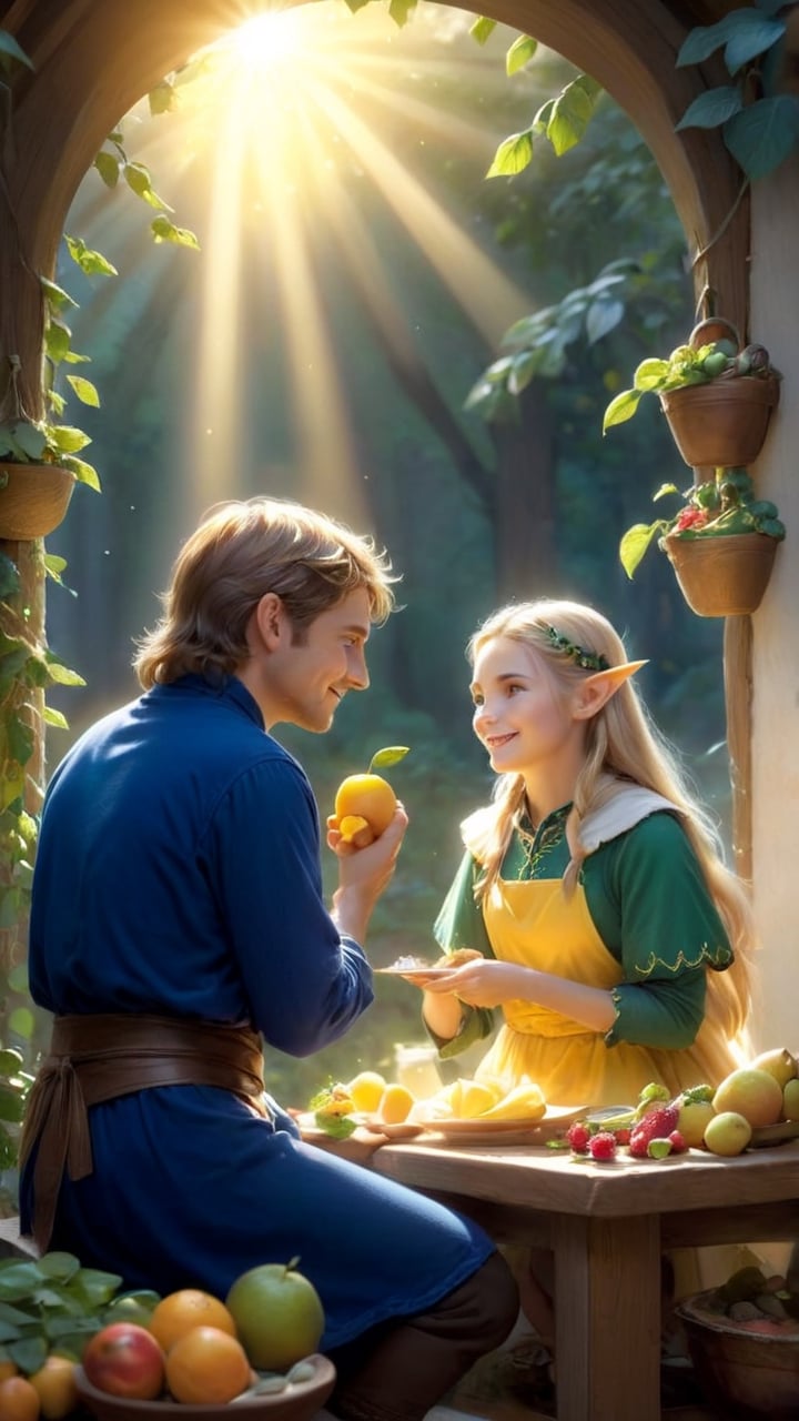 As dawn breaks,  golden light pours into the kitchen,  and the elf girl and the lost male wanderer sit side by side by 虛創夢...