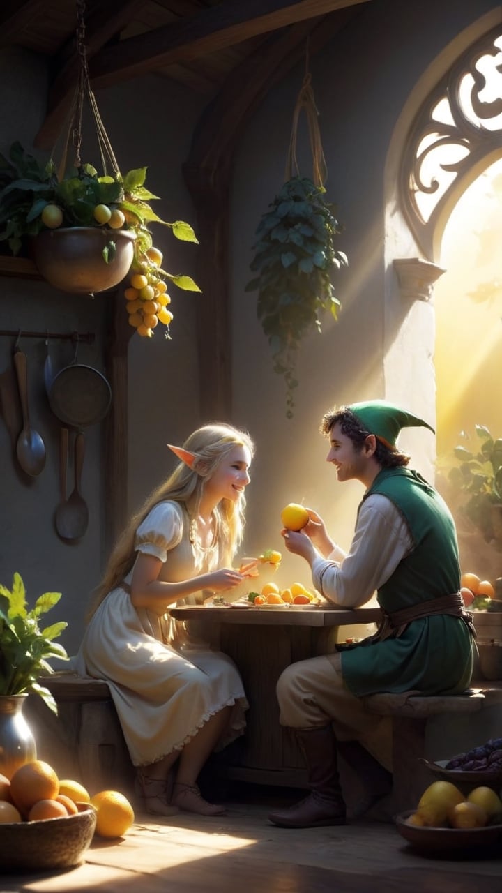 As dawn breaks,  golden light pours into the kitchen,  and the elf girl and the lost male wanderer sit side by side by 虛創夢...