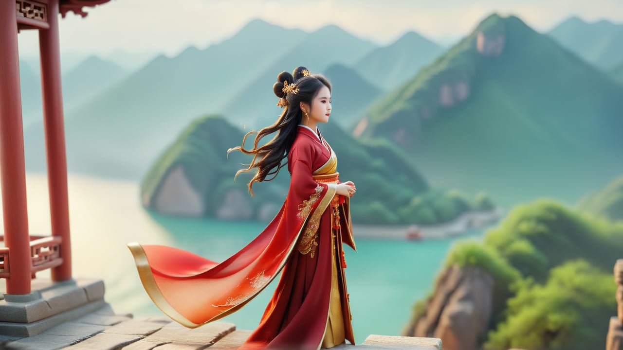 Macro tilt-shift photography, A miniature, A young woman in ancient Chinese attire stands on a high tower, gazing at the vast horizon where the water meets the sky. She wears a deep red hanfu with golden embroidery. The wind gently blows her hair and robes, and her expression is one of longing. The expansive view and her detailed attire are captured in macro photography.