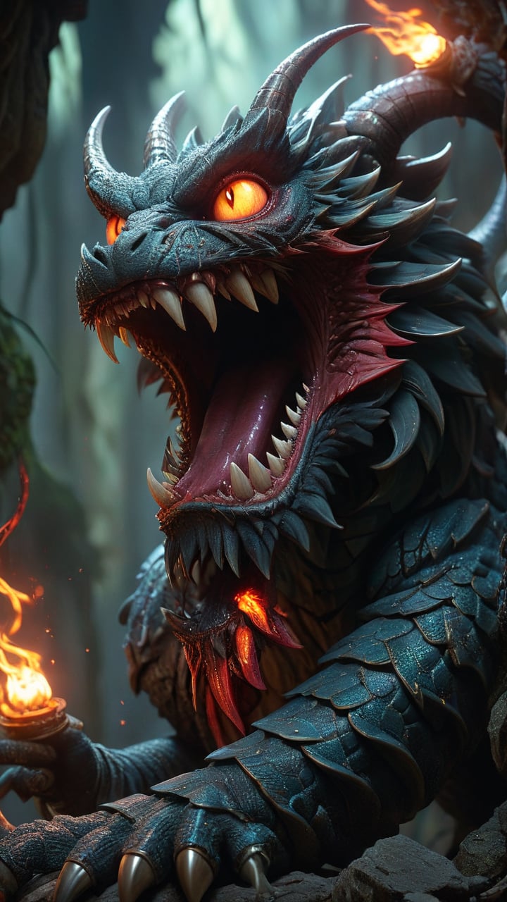 A dark,  cavernous setting with dimly lit torches casting flickering shadows. The massive nine-headed serpent demon lies c...