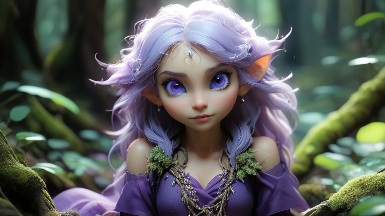 A delicate, ethereal forest drenched in the twilight's soft glow. The scene is drenched in hues of emerald and jade, where towering ancient trees with gnarled, sprawling roots dominate the landscape. A lithe, graceful elf with alabaster skin and long, flowing silver hair, dressed in intricately detailed emerald-green robes, traverses the forest floor. The elf’s eyes, a vibrant shade of violet, scan the surroundings with a mix of curiosity and caution. Delicate silver jewelry adorns their ears and neck, reflecting the faint luminescence of the forest. The elf is cautiously stepping over the roots and foliage, a staff of polished wood with a glowing crystal at its top clutched in their hand. The environment is alive with soft, bioluminescent plants that emit a gentle, pulsating light, casting subtle shadows that dance with every movement. The air is thick with the scent of moss and the distant sound of a flowing stream. The camera captures this from a medium perspective, focusing on the elf from their knees up, highlighting their cautious movements and the intricate details of their attire amidst the natural beauty of the forest.