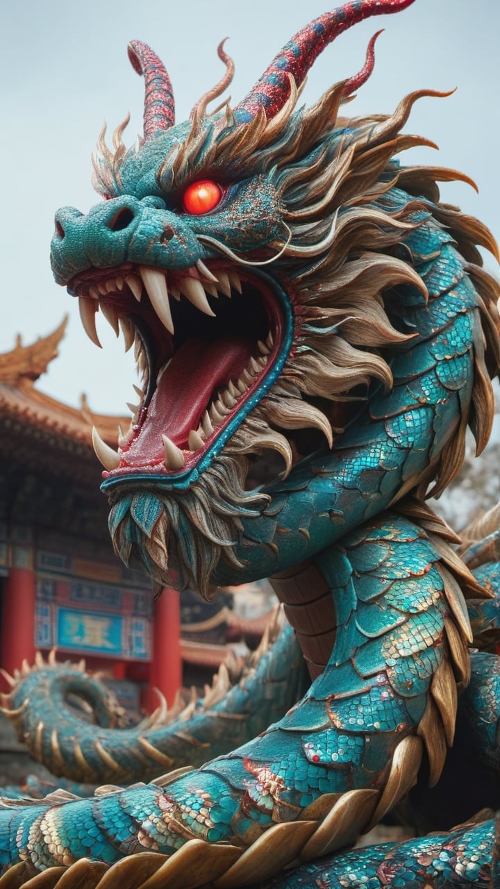 A massive nine-headed serpent demon in ancient Chinese style,  each of the nine heads bearing sharp fangs and crimson red...