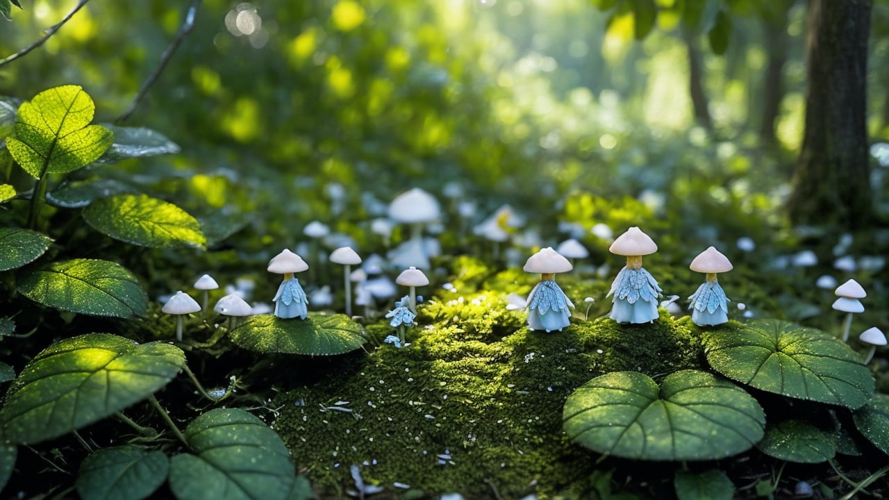 Macro photography scene, A tiny elf with delicate features standing in a forest with morning sunlight filtering through the canopy. She has long, flowing blonde hair adorned with tiny flowers, and her green dress is made of leaves and petals. The forest is full of vibrant mushrooms and tiny woodland creatures. The atmosphere is serene, with soft sunlight casting a warm glow on the scene. Using macro photography and tilt-shift photography, captured in intricate detail through macro photography. super high quality, 8k. Negative prompt: blur, unclear, low resolution, monochrome.