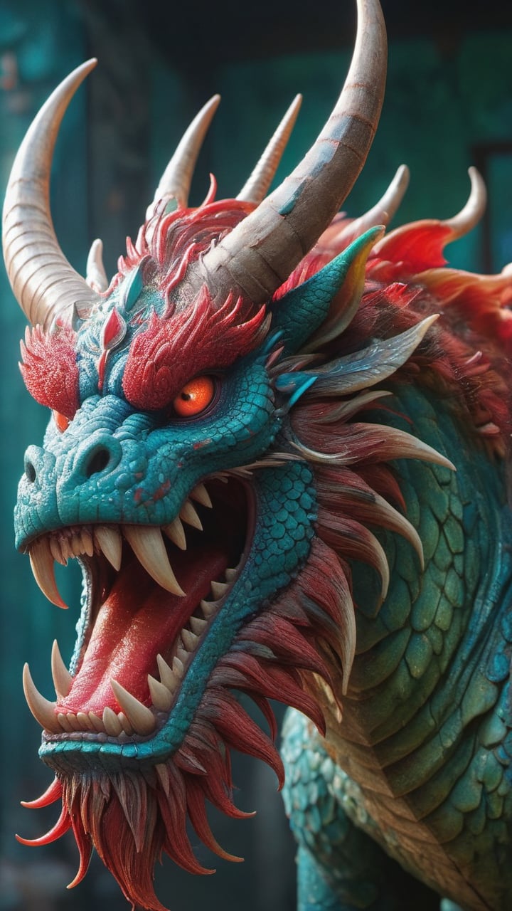 A massive,  towering blue-green scaled monster in ancient Chinese style,  with two large curved horns on its head. Its eye...