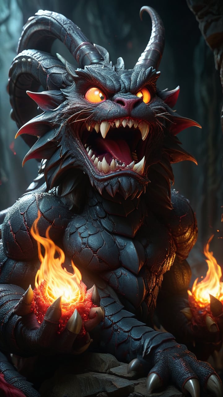 A dark,  cavernous setting with dimly lit torches casting flickering shadows. The massive nine-headed serpent demon lies c...