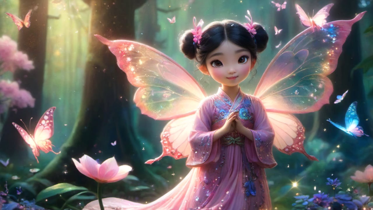 In a whimsical Disney-Pixar-inspired scene, an ancient Chinese girl with a delicate pink Han Dynasty dress floats amidst a lush forest, surrounded by fluttering flowers and towering trees. A kaleidoscope of colorful butterfly wings dance around her, as if infused with magic. Glittering sparks swirl in the air, where tiny butterflies flit about, their iridescent wings shimmering in harmony with the girl's ethereal aura.