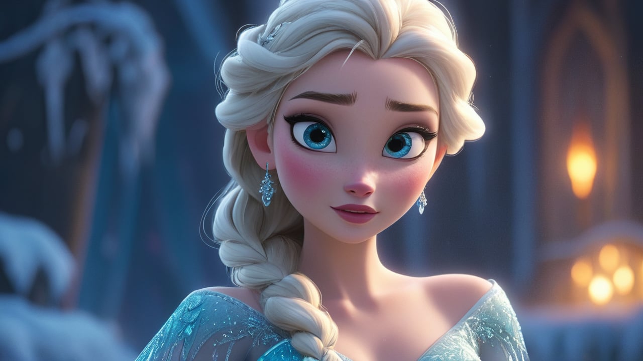 A detailed illustration of Elsa from Frozen performing a captivating song and dance in a grand, frozen courtyard. Her platinum blonde hair is styled in a thick French braid draped over her left shoulder, adorned with tiny sparkling snowflake ornaments. She has brilliant ice-blue eyes framed by long, dark lashes, and her fair complexion glows under the soft illumination of the aurora borealis. Elsa's delicate features include a small, refined nose and soft natural pink lips. She wears small snowflake earrings and a delicate necklace with a snowflake pendant.

Elsa is dressed in an elegant ice-blue gown with a sheer overlay and intricate ice crystal patterns embroidered throughout. The gown features a fitted bodice, sheer sleeves, and a long, flowing iridescent cape attached to her shoulders, glowing with the light of the aurora. Her gown flows gracefully as she moves, the skirt cascading from her waist with exquisite detailing. She wears delicate ice-blue shoes adorned with sparkling ice crystals, featuring a pointed toe and a slight heel.

Elsa’s long, slender hands, with neatly manicured, pearlescent nails, are free of gloves and often seen weaving magical ice patterns. She stands poised in the frozen courtyard, illuminated by the aurora, her attire sparkling and her movements fluid and graceful, capturing the essence of the Ice Queen.

The camera captures her from a detailed close-up, from head to toe. It pans diagonally from the right upper side to the lower left side, gradually zooming in.