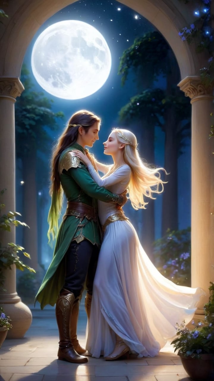 Under the bright moonlight,  the elven maiden and the elven lost wanderer danced together in the palace courtyard,  their...