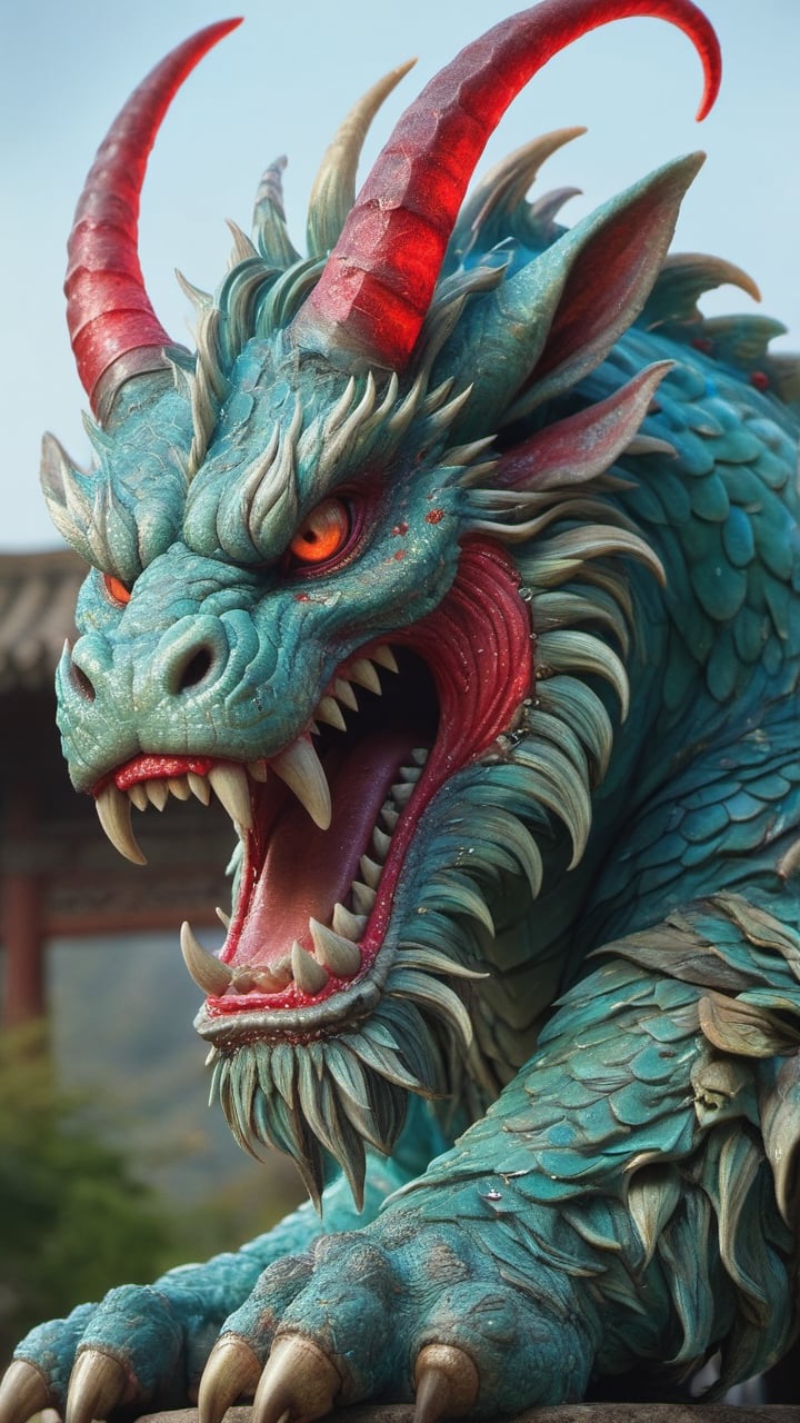 A massive,  towering blue-green scaled monster in ancient Chinese style,  with two large curved horns on its head. Its eye...