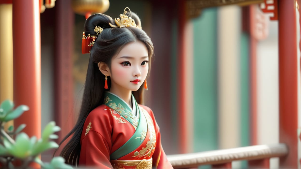 /create prompt: Macro tilt-shift photography, A miniature, young woman in ancient Chinese attire, standing at foot of jade palace, looking up at balcony, deep red hanfu with gold embroidery, hair adorned with hairpins. Captured in intricate detail through macro photography. -neg blur, discoloration -camera zoom in -fps 24 -gs 16 -motion 2 -style: HD movies -ar 16:9 seed:1234567899