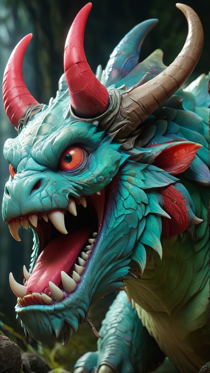 A massive blue-green scaled monster with two horns on its head. Its eyes glow red as it opens its gaping maw. by 虛創夢想 on T...