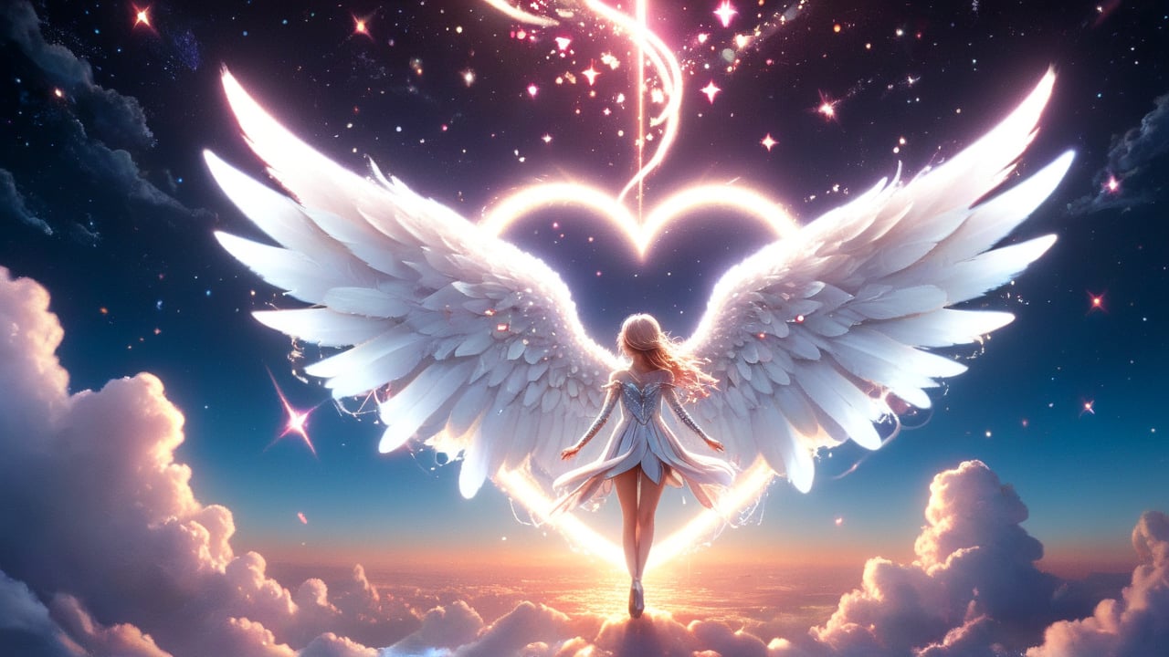 At the edge of memory, the protagonist unfolds mysterious wings, soaring through a space filled with light and love. Symbols of love, like heart-shaped clouds and glowing ribbons, float in the sky. The protagonist wears a white outfit with light patterns, holding a glowing crystal, with wings shimmering in the starlight.