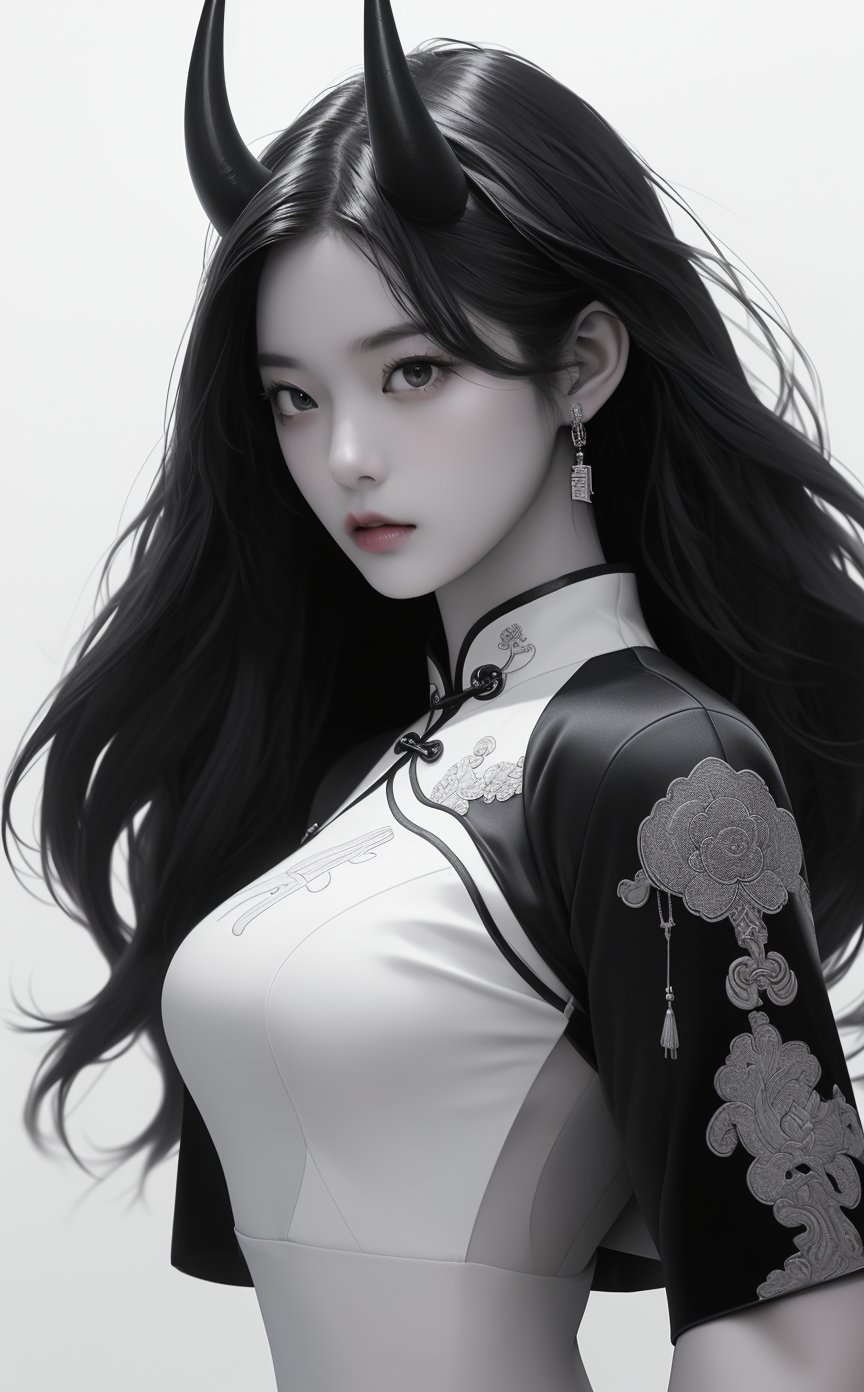 A stunning Korean-inspired cyborg demon woman stands proudly on a floor, adorned in lace clothing and white high-tech crop jacket, contrasting with the dark allure of her black sexy cheongsam. Her piercing black eyes fix intently on something in the distance, as intricate long horns (1.7 meters) .Minimal color palette dominates the scene, save for the hint of white background and subtle weapon details, all captured in breathtaking 8K photo-realism. Her beauty is enhanced by a serious, ultra-focused expression, as if ready to unleash her inner power., beautiful girl