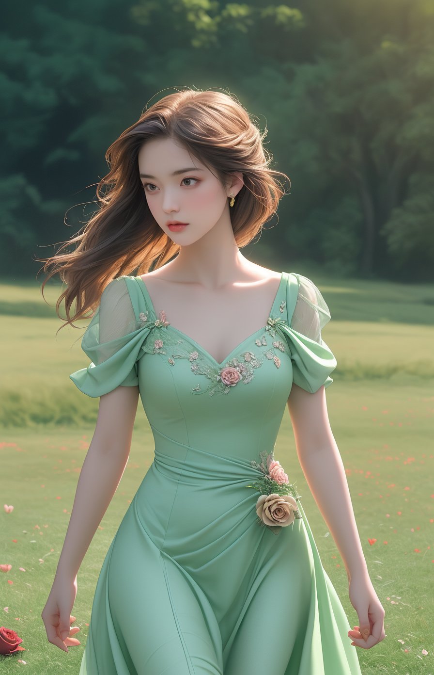 Oil painting, (girl holding a single rose), very delicate and soft lighting, details, Ultra HD, 8k, animated film, soft floral dress, walking through a meadow full of wide green grass,Beautiful girl, less dress, more flower ,deep_throat,tacacá