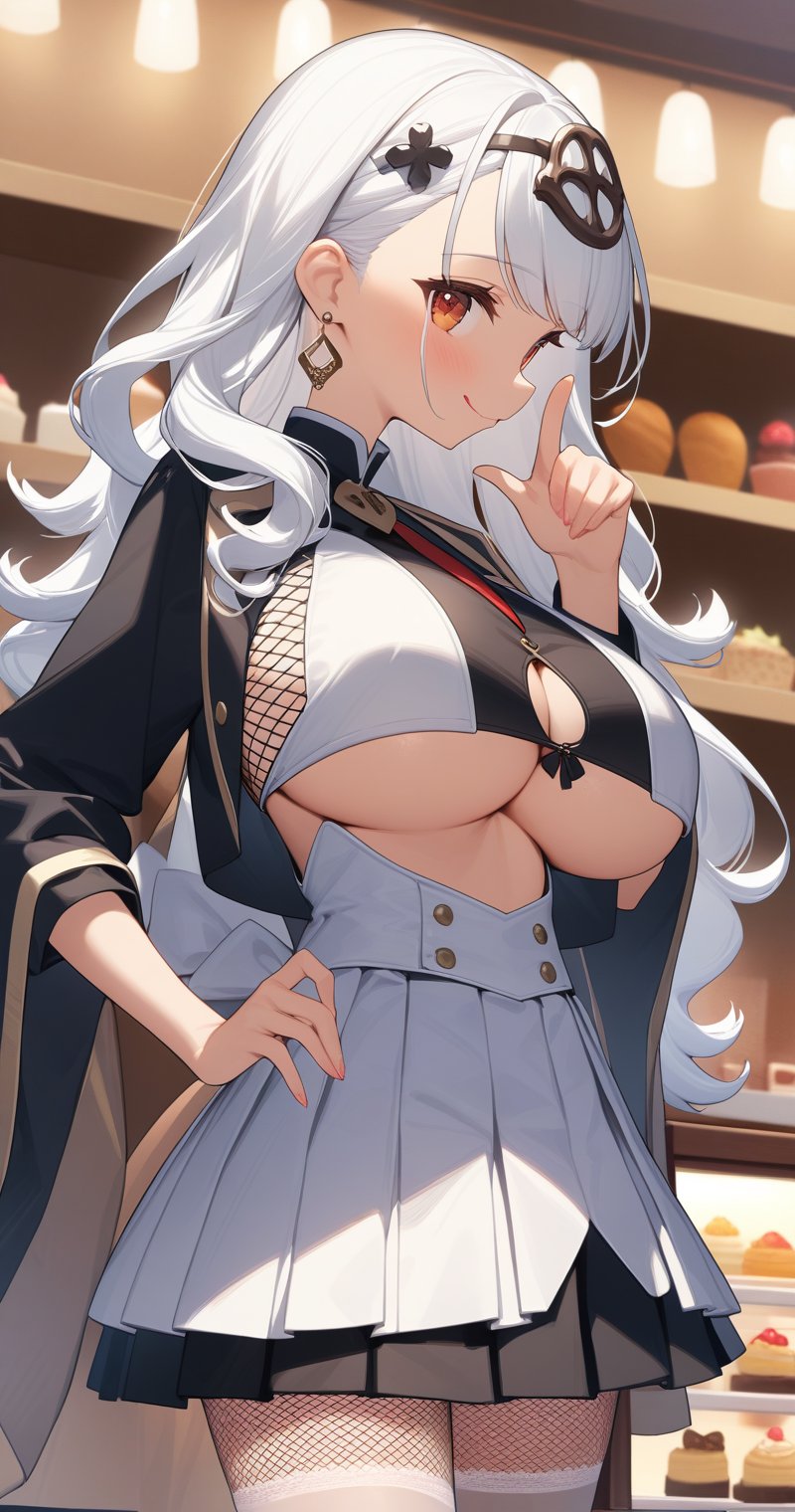 ((a cute girl)),(sexy lace-fishingnet-underboob-cutout-design:1.3),((very huge breats)),(plumped breasts),(very slutty breats),((cutout-lapel)),(tailor-made silk Clergy intern-students-style detective underboob uniform:1.2),(Multilayer clothes),((underboob-clothes-doudou)),(no bra),shawl,frill decorate,High quality skin,(lick index finger),(very infantile figure),(very slender figure),Japanese bangs,((pure white hair)),(long curly hair),(several metal hair accessories),(big twinkle eyes),earring,(childish face),(profile),(look at viewer),(vivid smile),((beautiful long pleated skirt)),(narrow hip:1.2),very slender hip,slender tight,thin white silk stockings,(at the dessert shop),(highest quality:1.3),(most pieces:1.3),(highres:1.3)