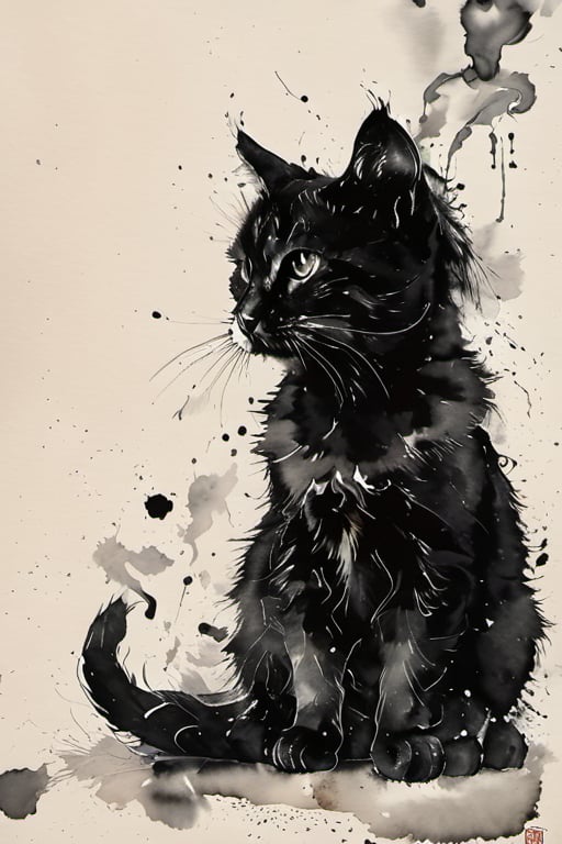 Cat, puppy, monochrome, grayscale, ink, Chinese ink painting, smoke