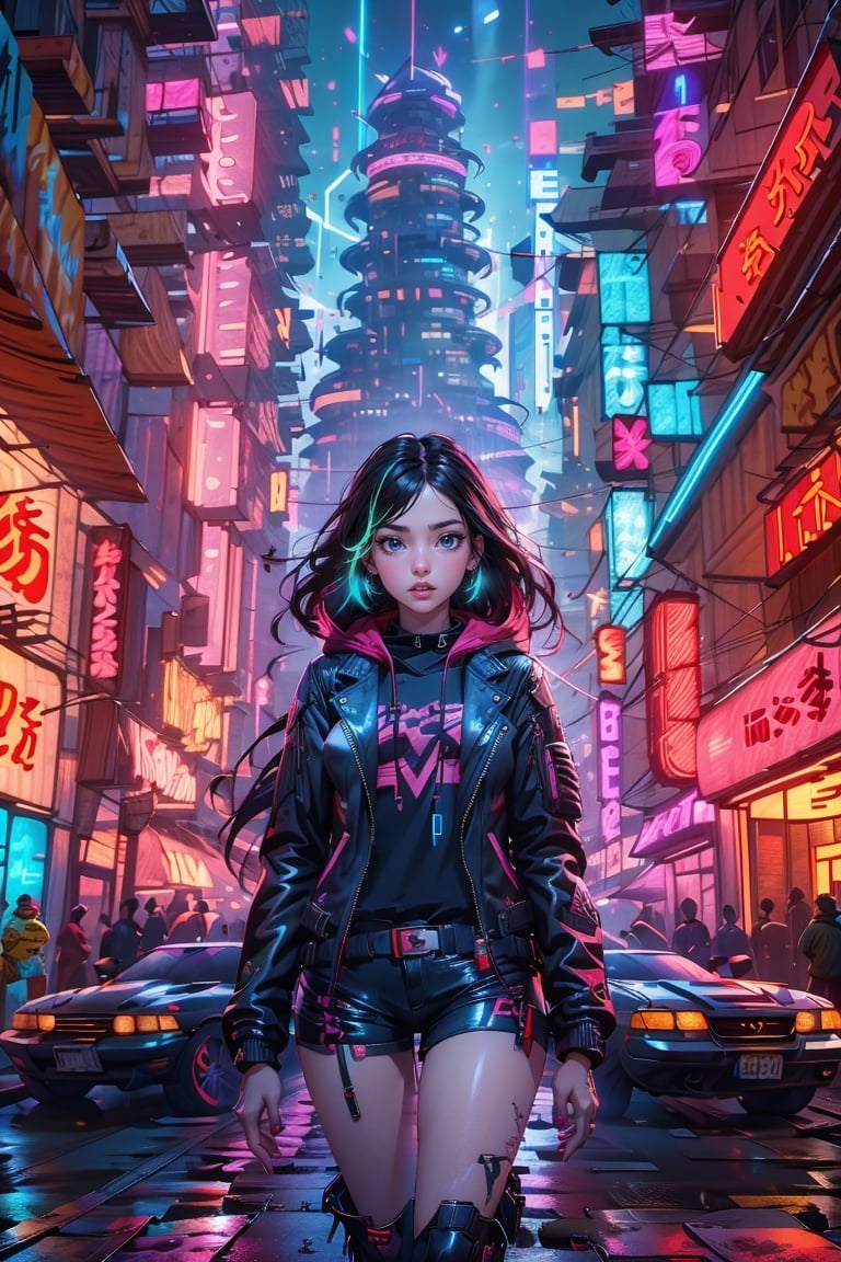 (Night city) photo, cyberpunk style, a girl wearing black hoodie and leather jacket, long hair, straight hair, standing, urban, neon, cowboy shot, (Cinematic lighting, ethereal light, intricate details, extremely detailed, incredible details, full colored), complex details, hyper maximalist, gorgeous light and shadow, detailed decoration, detailed lines. masterpiece, best quality, HDR, UHD, unreal engine. looking at the camera, fair skin, beautiful face,Cyberpunk,neon background