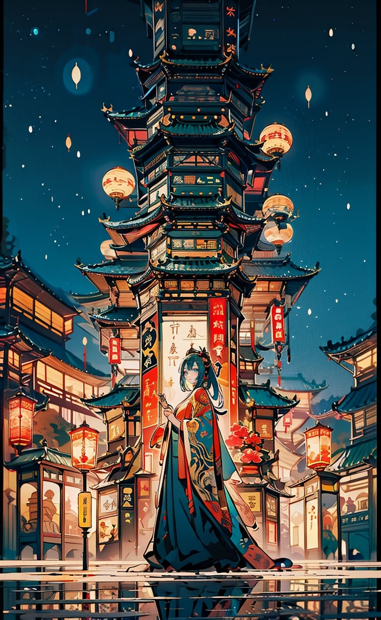 Ghibli anime style, "Spirited Away" style. A girl in a dark night market, with illuminated by warm lights. The whole atmosphere seems mysterious. (Cinematic lighting, ethereal light, intricate details, extremely detailed, incredible details, full colored), complex details, hyper maximalist, gorgeous light and shadow, detailed decoration, detailed lines. masterpiece, best quality, HDR, UHD, unreal engine. looking at the camera, fair skin, beautiful face, guochao