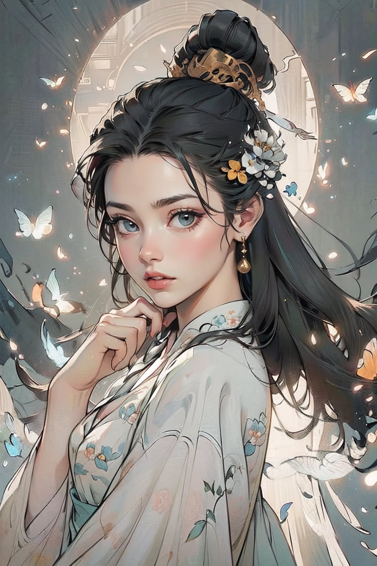  A female warriorl, wearing hanfu, (negative space:1.4), gold and white and red hue, white background, (Cinematic lighting, ethereal light, intricate details, extremely detailed, incredible details, full colored), complex details, hyper maximalist, gorgeous light and shadow, detailed decoration, detailed lines. masterpiece, best quality, HDR, UHD, unreal engine. looking at the camera, fair skin, beautiful face,gongbiv, girl